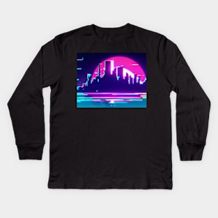 Cyan synthwave city 2 Kids Long Sleeve T-Shirt